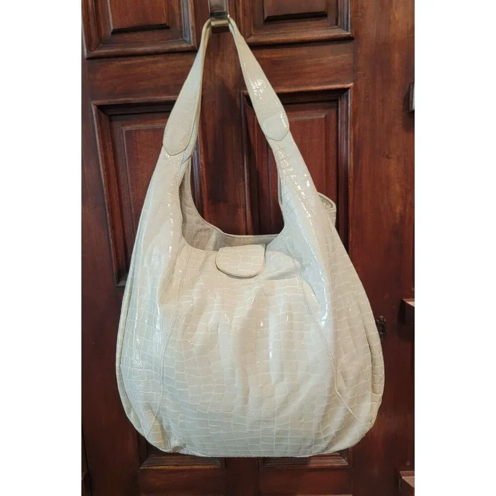 CHI By Carlos Falchi Croc Embossed Beige Leather Hobo Shoulder Bag w/ Dustbag - Picture 2 of 11